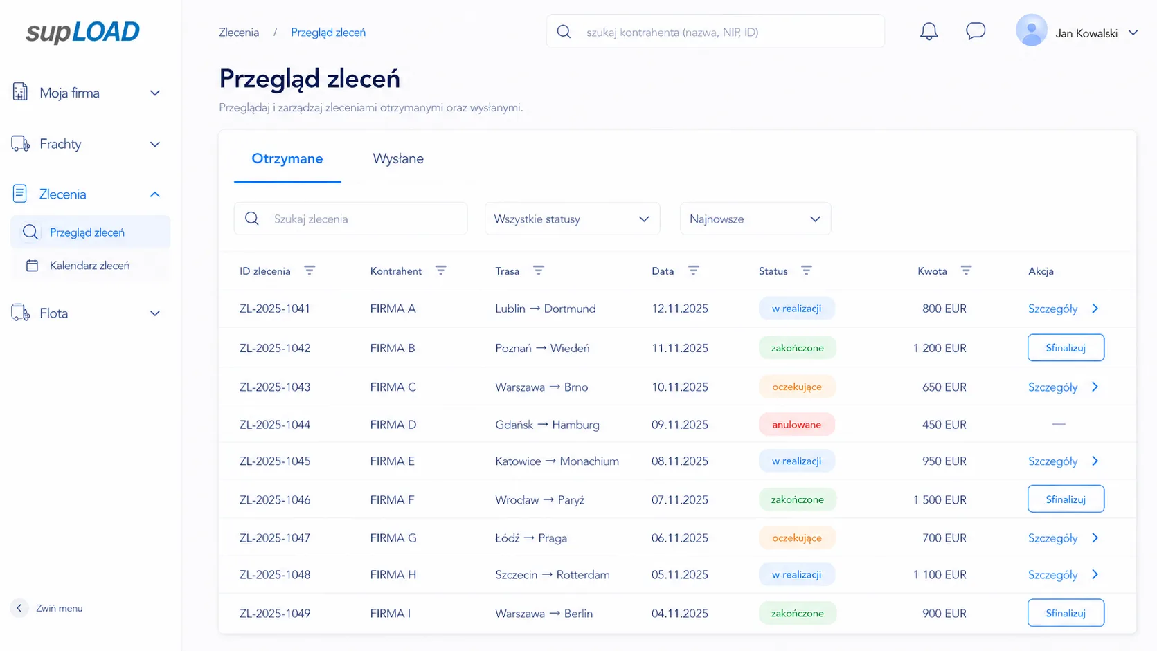 Widok szczegółów zlecenia transportowego w supLOAD