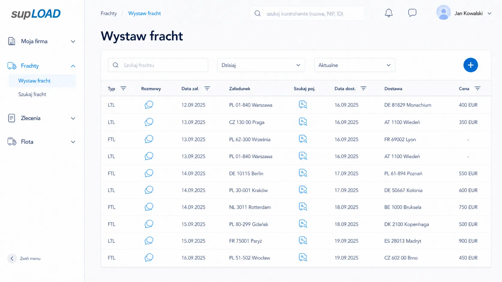 Widok dodawania nowego frachtu w supLOAD