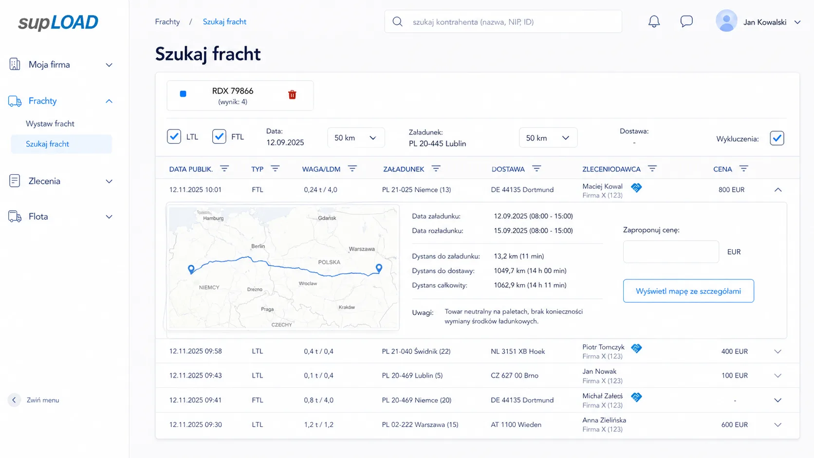 Widok wyszukiwania frachtów w supLOAD